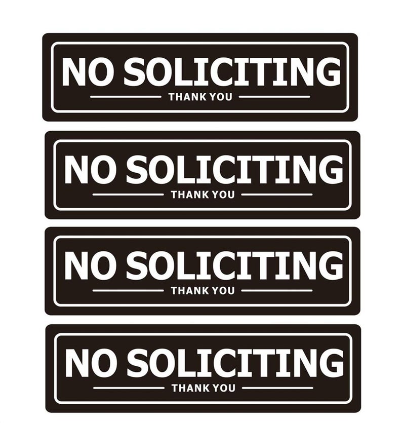 MongFun No Soliciting Sign for House Door - Self-Adhesive Metal Signs for Home Office Business Wall - Weather Resistant Aluminum Signboard (Set of 4, Black 7x2 inches) - Image 1